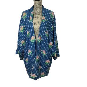 EARTHBOUND TRADING CO Floral Stripe Cotton Kimono Jacket Pockets Oversized M L